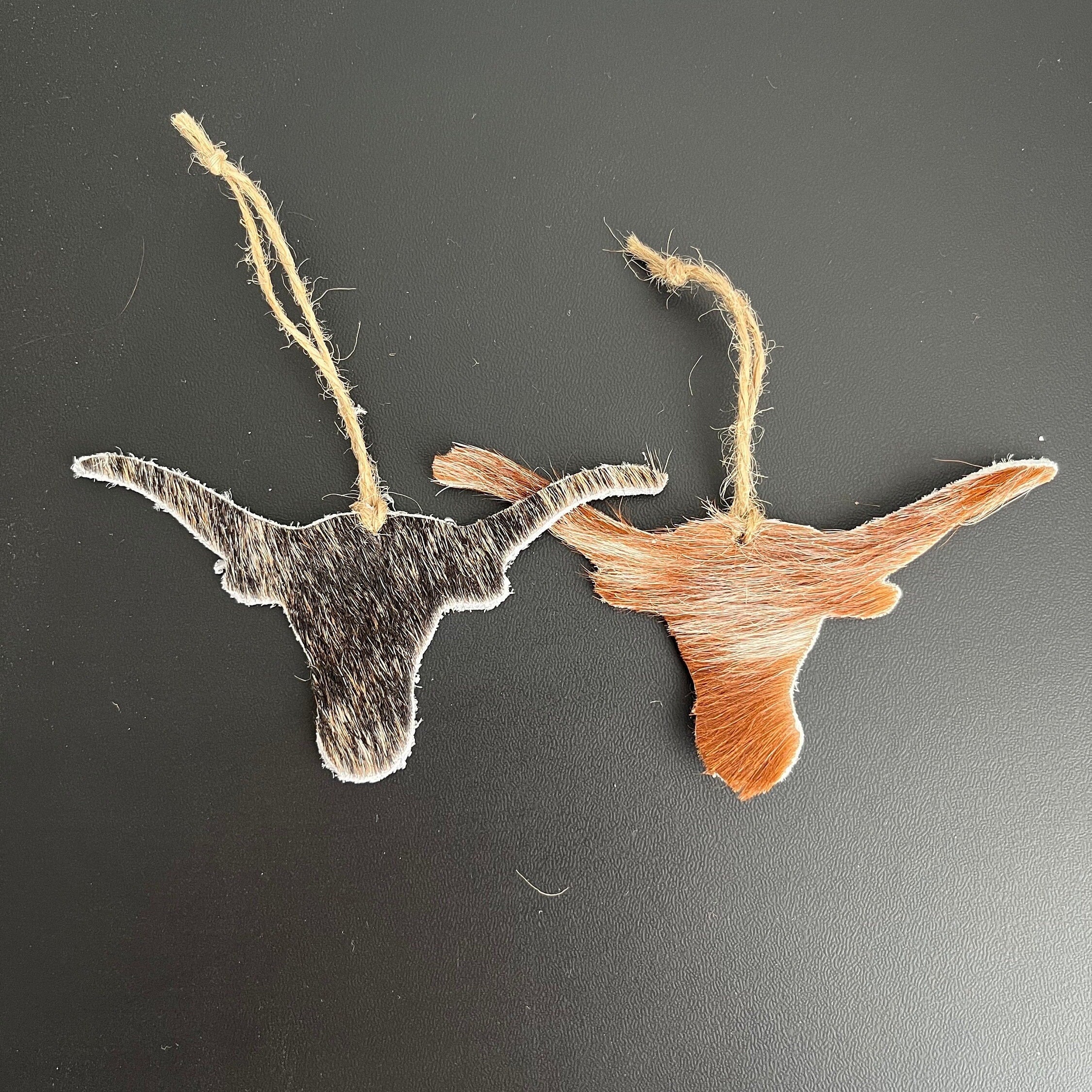 Christmas Ornament - Single Genuine Hair On Leather Longhorn Christmas Ornament , Western Cow Hide , Cow head Christmas Ornament