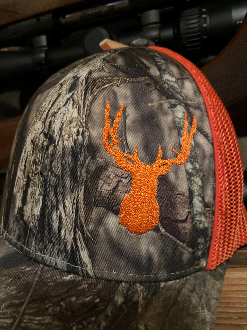 Embroidery - Hunting Cap Hat Safety Orange & Camo Deer, Elk, Pronghorn, Animal Embroidery CUSTOM Flexfit.