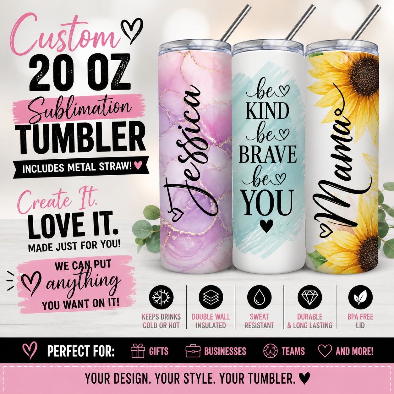 Custom 20 oz Sublimation Tumbler (Includes Metal Straw)