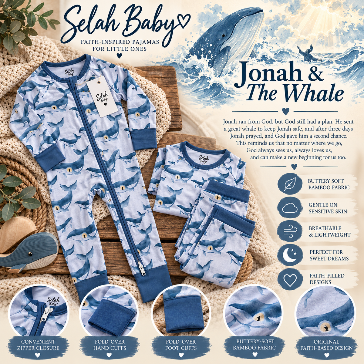 Baby-Toddler - "Jonah & The Whale" Bamboo Pajamas by Selah Baby