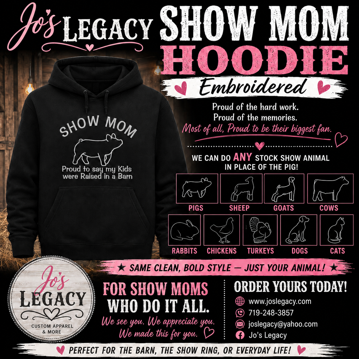 CUSTOM - Show Mom - Proud to say my kids were Raised in a Barn - Black EMBROIDERED Hoodie
