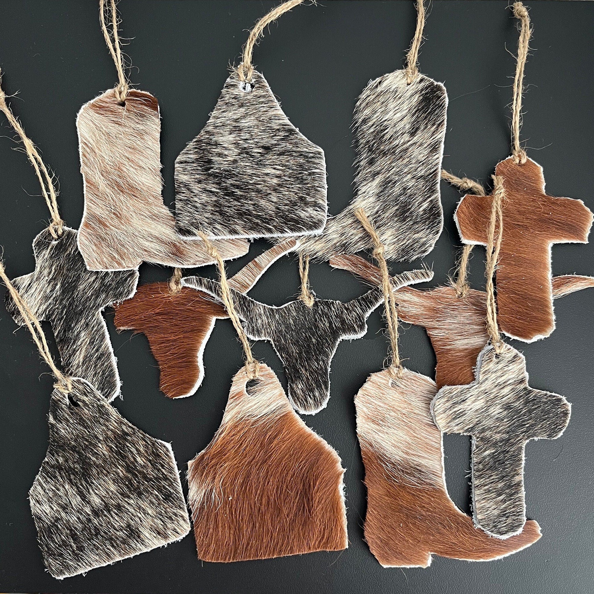 Christmas Ornaments - Set of 12 Genuine Cow Hide Leather Christmas Ornaments
